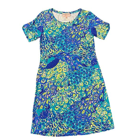 Philosophy Aqua Peacock Print Midi Dress A Line Short Sleeve Womens M Blue Green - Picture 1 of 11